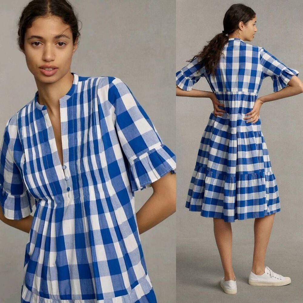 WHIT TWO $228 Anthropologie Gingham Tiered Midi Dress in Blue Motif, Size S